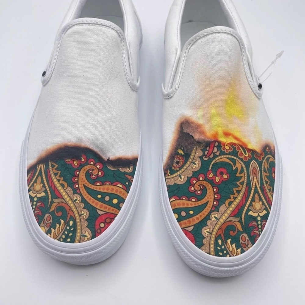 Vans Classic Slip-On Paisley Burnout Custom White Skate Shoes Men 9 Women 10.5